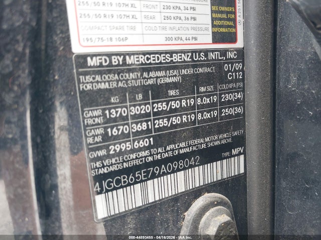 Продаж на аукціоні авто 2009 Mercedes-benz R 350 4matic, vin: 4JGCB65E79A098042, номер лоту: 44893455
