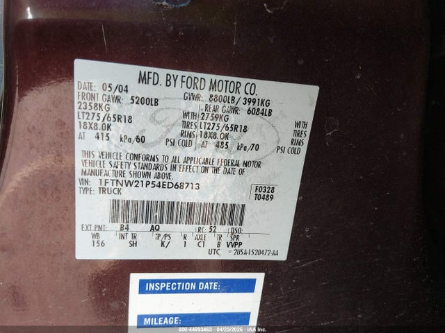 Auction sale of the 2004 Ford F-250 Lariat/xl/xlt, vin: 1FTNW21P54ED68713, lot number: 44893463