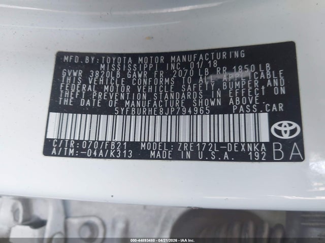 Aukcja sprzedaży 2018 Toyota Corolla Le, vin: 5YFBURHE8JP794965, numer aukcji: 44893480