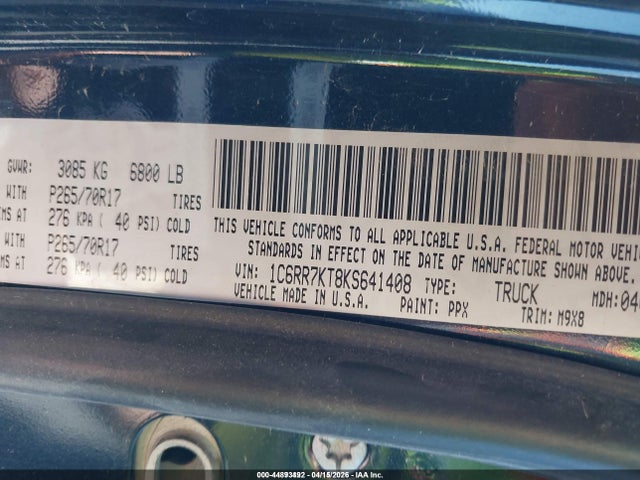 1C6RR7KT8KS641408 RAM 1500 Classic Tradesman 4x4 5&#039;7 Box
