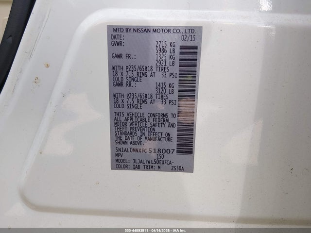 2015 Infiniti Qx60 მანქანა იყიდება აუქციონზე, vin: 5N1AL0MNXFC518007, აუქციონის ნომერი: 44893511