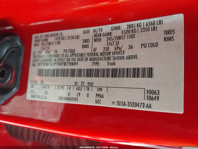 Продаж на аукціоні авто 2019 Ford F-150 Xl, vin: 1FTEW1CP7KFB75901, номер лоту: 44893519