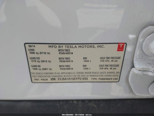 Продажа на аукционе авто 2014 Tesla Model S P85, vin: 5YJSA1H16EFP51895, номер лота: 44893562
