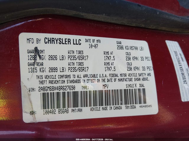 Продаж на аукціоні авто 2008 Chrysler Pacifica Touring, vin: 2A8GM68X48R627690, номер лоту: 44893564