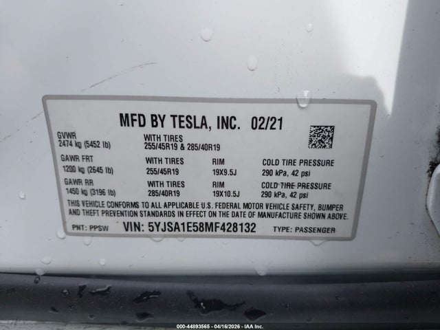 Aukcja sprzedaży 2021 Tesla Model S Long Range Dual Motor All-wheel Drive, vin: 5YJSA1E58MF428132, numer aukcji: 44893565