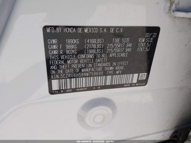 3CZRU6H58NM759699 Honda Hr-v Awd Ex