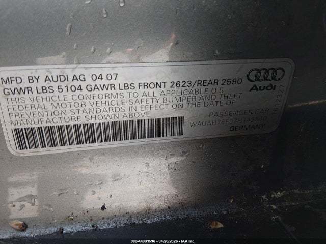 44893596 :رقم المزاد ، WAUAH74F97N149540 vin ، 2007 Audi A6 3.2 مزاد بيع