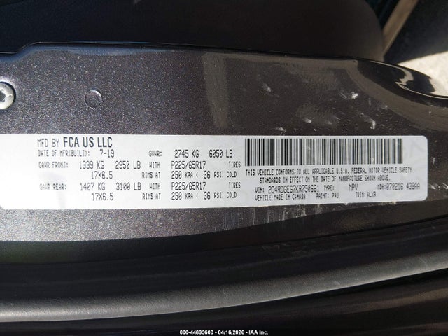 2019 Dodge Grand Caravan Gt მანქანა იყიდება აუქციონზე, vin: 2C4RDGEG7KR750661, აუქციონის ნომერი: 44893600