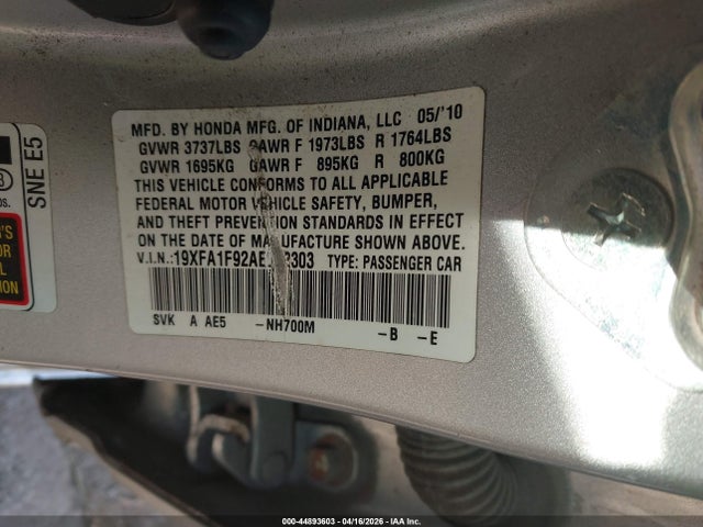 Продажа на аукционе авто 2010 Honda Civic Ex-l, vin: 19XFA1F92AE062303, номер лота: 44893603