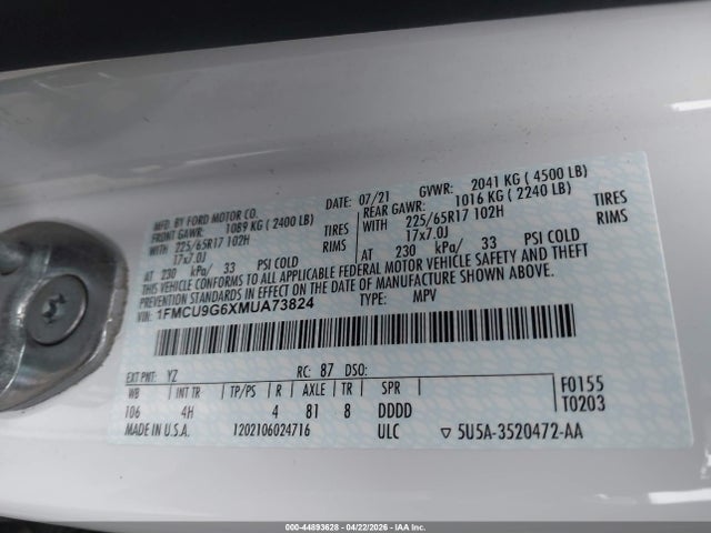 44893628 :رقم المزاد ، 1FMCU9G6XMUA73824 vin ، 2021 Ford Escape Se مزاد بيع