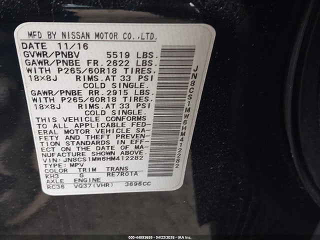 44893659 :رقم المزاد ، JN8CS1MW6HM412282 vin ، 2017 Infiniti Qx70 مزاد بيع