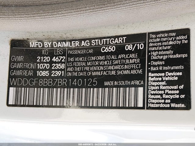 44893672 :رقم المزاد ، WDDGF8BB7BR140125 vin ، 2011 Mercedes-benz C 300 Luxury 4matic مزاد بيع