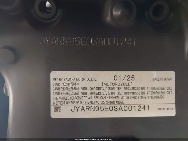 Aukcja sprzedaży 2025 Yamaha Mt09 Sp, vin: JYARN95E0SA001241, numer aukcji: 44893688