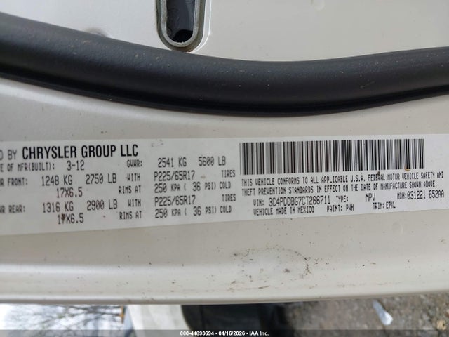 2012 Dodge Journey Sxt მანქანა იყიდება აუქციონზე, vin: 3C4PDDBG7CT266711, აუქციონის ნომერი: 44893694