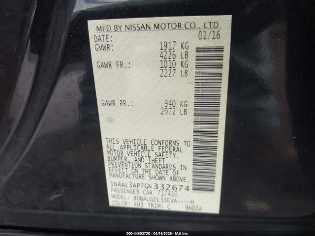 44893720 :رقم المزاد ، 1N4AL3AP7GN332674 vin ، 2016 Nissan Altima 2.5 S مزاد بيع