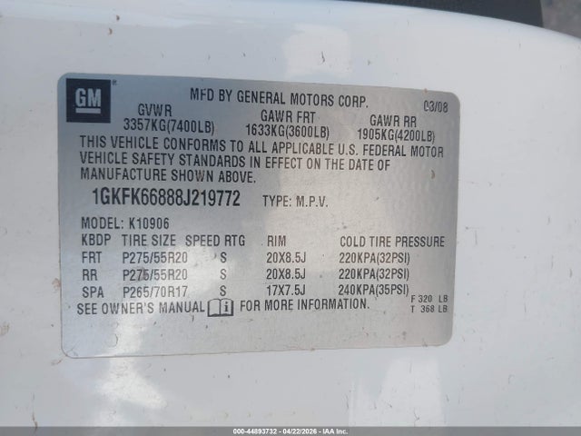 Aukcja sprzedaży 2008 Gmc Yukon Xl 1500 Denali, vin: 1GKFK66888J219772, numer aukcji: 44893732