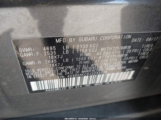 44893733 :رقم المزاد ، 4S4BSAKC0J3233338 vin ، 2018 Subaru Outback 2.5i Limited مزاد بيع