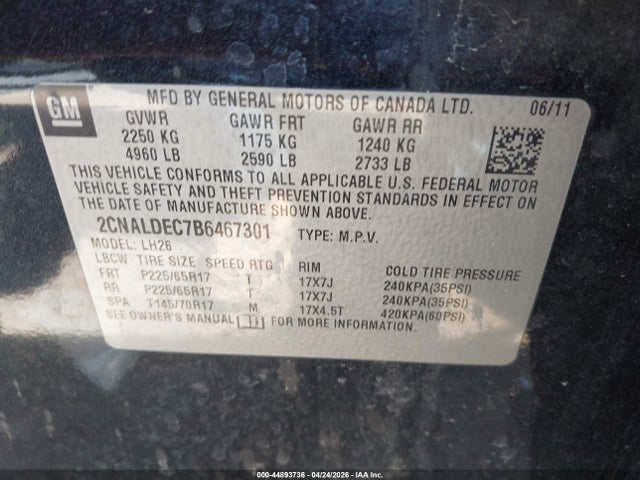 Продажа на аукционе авто 2011 Chevrolet Equinox 1lt, vin: 2CNALDEC7B6467301, номер лота: 44893736
