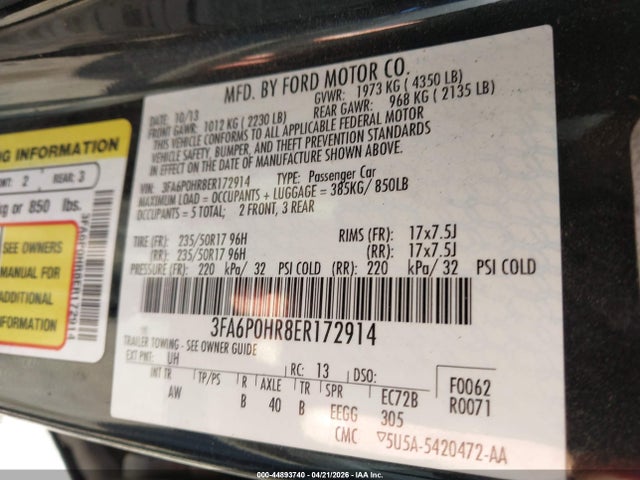 Auction sale of the 2014 Ford Fusion Se, vin: 3FA6P0HR8ER172914, lot number: 44893740