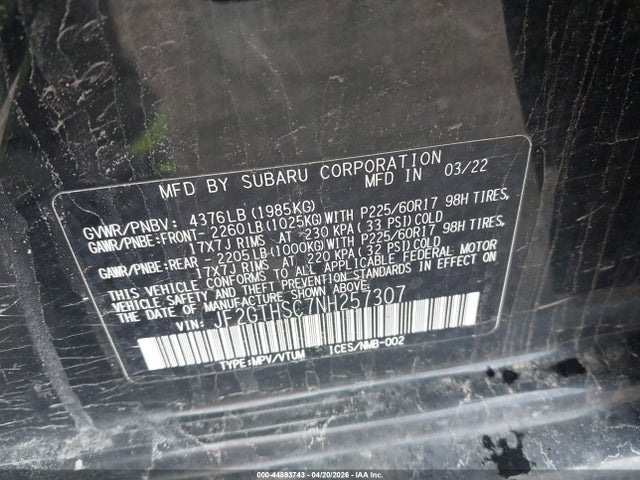 2022 Subaru Crosstrek Sport მანქანა იყიდება აუქციონზე, vin: JF2GTHSC7NH257307, აუქციონის ნომერი: 44893743