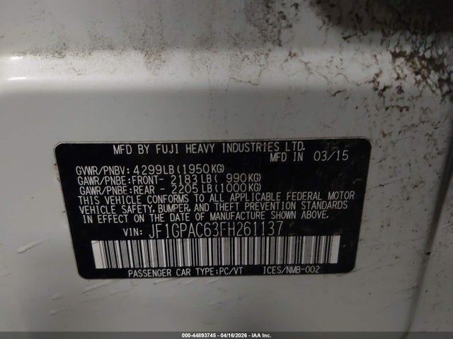 44893745 :رقم المزاد ، JF1GPAC63FH261137 vin ، 2015 Subaru Impreza 2.0i Premium مزاد بيع