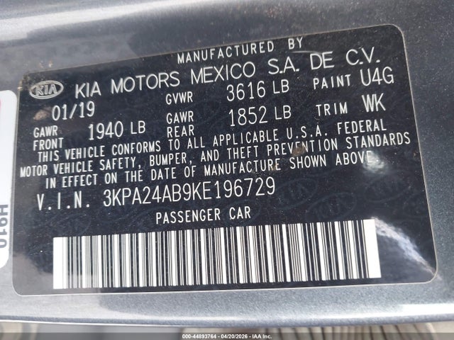 Aukcja sprzedaży 2019 Kia Rio S, vin: 3KPA24AB9KE196729, numer aukcji: 44893764