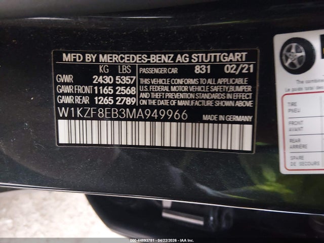 Aukcja sprzedaży 2021 Mercedes-benz E 350 4matic, vin: W1KZF8EB3MA949966, numer aukcji: 44893781