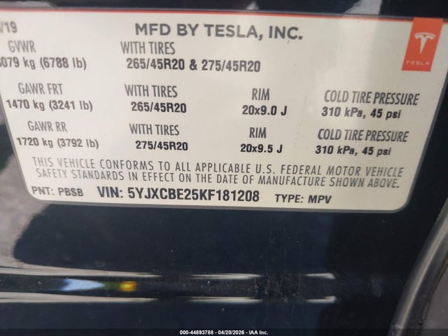 Aukcja sprzedaży 2019 Tesla Model X 100d/75d/long Range, vin: 5YJXCBE25KF181208, numer aukcji: 44893788