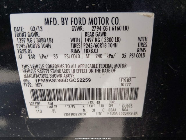 44893789 :رقم المزاد ، 1FM5K8D86DGC52259 vin ، 2013 Ford Explorer Xlt مزاد بيع