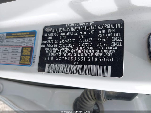 Продажа на аукционе авто 2017 Kia Sorento 3.3l Lx, vin: 5XYPGDA56HG196060, номер лота: 44893796