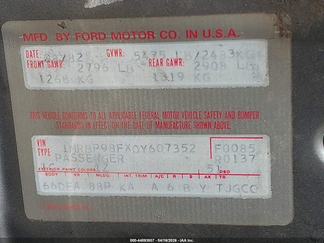 44893807 :رقم المزاد ، 1MRBP98FXDY607352 vin ، 1983 Lincoln Mark Vi مزاد بيع