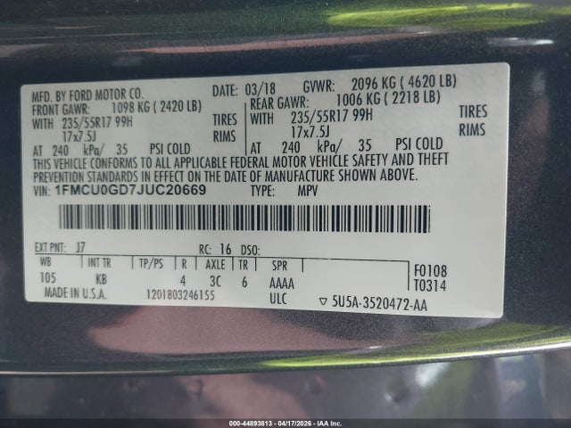 Aukcja sprzedaży 2018 Ford Escape Se, vin: 1FMCU0GD7JUC20669, numer aukcji: 44893813