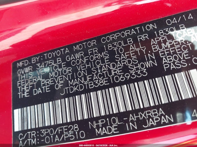 44893815 :رقم المزاد ، JTDKDTB38E1069333 vin ، 2014 Toyota Prius C Four/one/three/two مزاد بيع