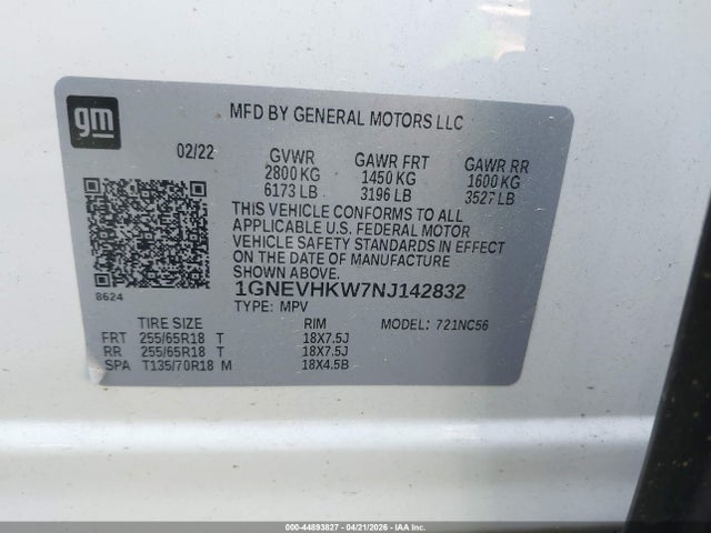 Aukcja sprzedaży 2022 Chevrolet Traverse Awd Lt Leather, vin: 1GNEVHKW7NJ142832, numer aukcji: 44893827