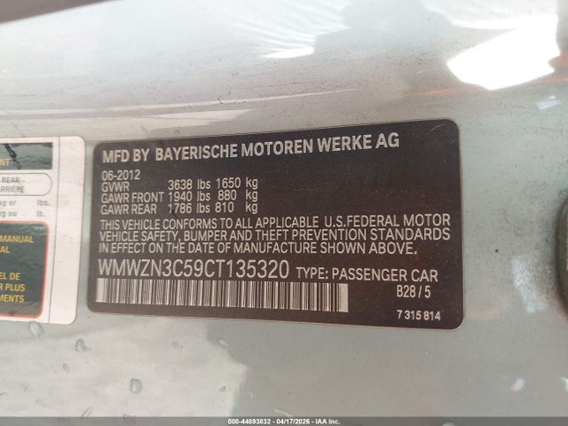 44893832 :رقم المزاد ، WMWZN3C59CT135320 vin ، 2012 Mini Cooper مزاد بيع