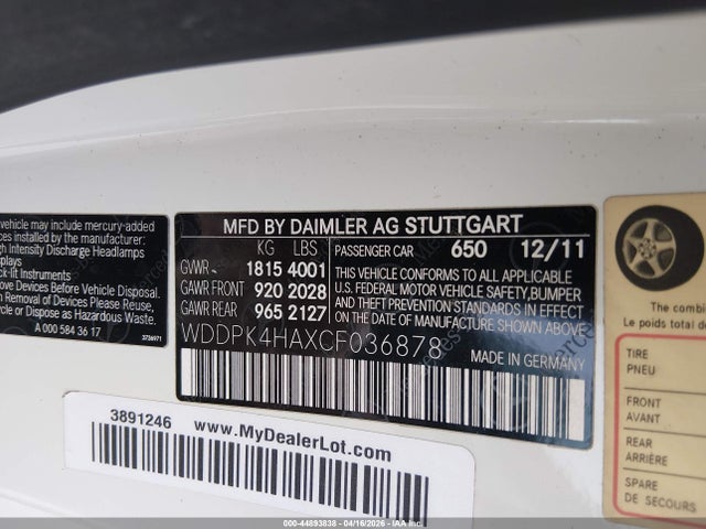 Aukcja sprzedaży 2012 Mercedes-benz Slk 250, vin: WDDPK4HAXCF036878, numer aukcji: 44893838