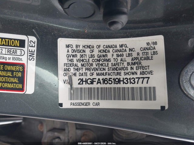 Aukcja sprzedaży 2009 Honda Civic Lx, vin: 2HGFA16519H313777, numer aukcji: 44893881