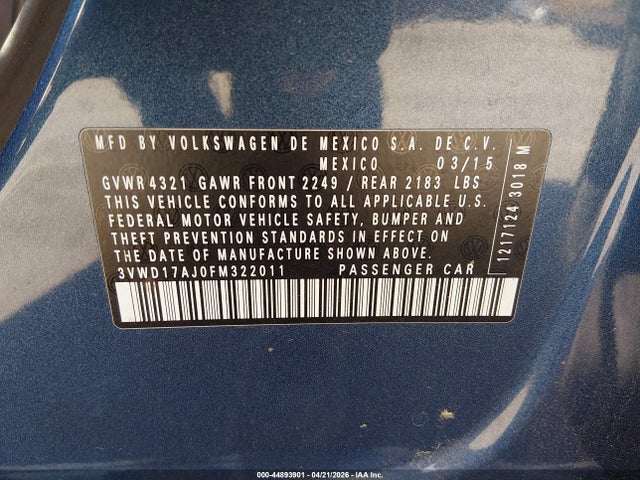 Продаж на аукціоні авто 2015 Volkswagen Jetta 1.8t Se, vin: 3VWD17AJ0FM322011, номер лоту: 44893901