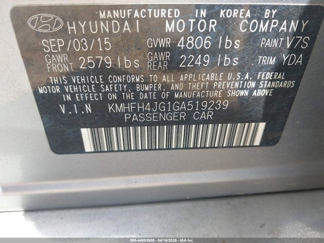 Aukcja sprzedaży 2016 Hyundai Azera Limited, vin: KMHFH4JG1GA519239, numer aukcji: 44893909