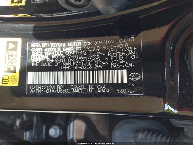 44893919 :رقم المزاد ، JTHBK1GG9D2061299 vin ، 2013 Lexus Es 350 مزاد بيع