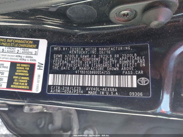 Продаж на аукціоні авто 2016 Toyota Avalon Hybrid Xle Premium, vin: 4T1BD1EB8GU054755, номер лоту: 44893925