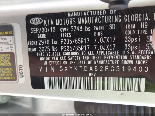 Aukcja sprzedaży 2014 Kia Sorento Lx, vin: 5XYKTDA62EG519403, numer aukcji: 44893940
