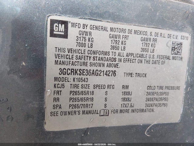 Aukcja sprzedaży 2010 Chevrolet Silverado 1500 Lt, vin: 3GCRKSE36AG214276, numer aukcji: 44893950
