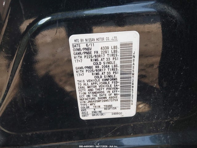 2011 Nissan Rogue Sv მანქანა იყიდება აუქციონზე, vin: JN8AS5MT2BW573759, აუქციონის ნომერი: 44893951
