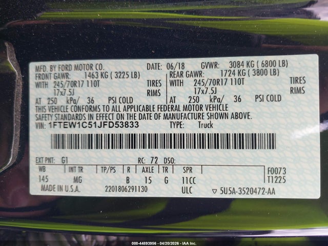 44893956 :رقم المزاد ، 1FTEW1C51JFD53833 vin ، 2018 Ford F-150 Xlt مزاد بيع