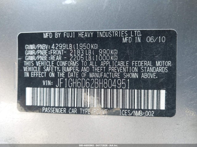 Aukcja sprzedaży 2011 Subaru Impreza Outback Sport, vin: JF1GH6D62BH804951, numer aukcji: 44893963