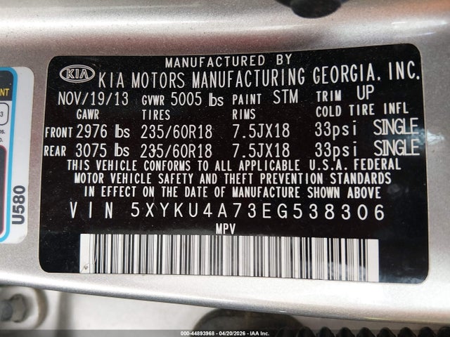 2014 Kia Sorento Ex V6 მანქანა იყიდება აუქციონზე, vin: 5XYKU4A73EG538306, აუქციონის ნომერი: 44893968