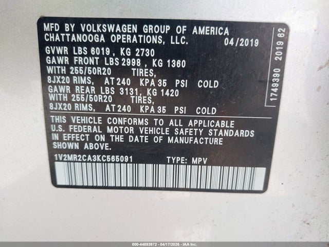 Продаж на аукціоні авто 2019 Volkswagen Atlas 3.6l V6 Sel, vin: 1V2MR2CA3KC565091, номер лоту: 44893972