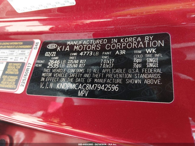 2021 Kia Sportage Lx მანქანა იყიდება აუქციონზე, vin: KNDPMCAC8M7942596, აუქციონის ნომერი: 44893980