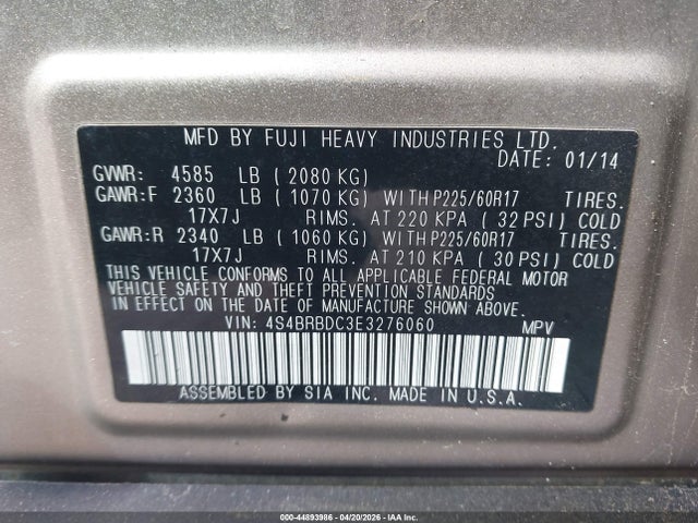 Aukcja sprzedaży 2014 Subaru Outback 2.5i Premium, vin: 4S4BRBDC3E3276060, numer aukcji: 44893986